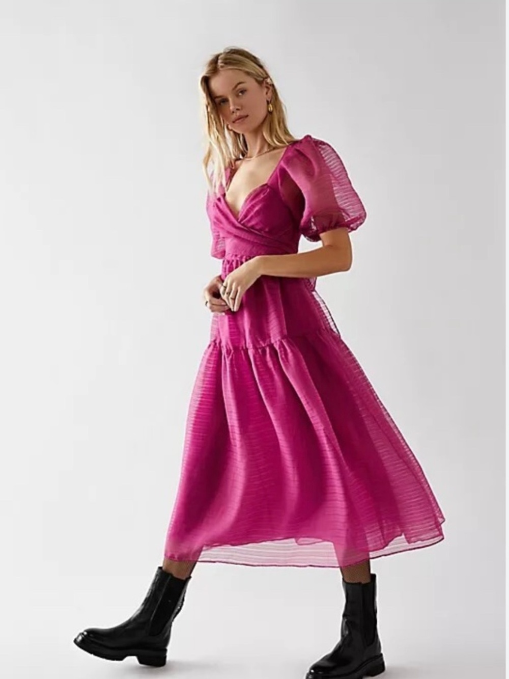 Free People Hailey Midi Dress Size 12 Fuchsia Puff Sleeve V-Neck Formal Occasion